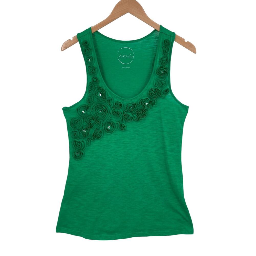 INC International Concepts Tank Top Womens Large Green Solid Detailed Floral